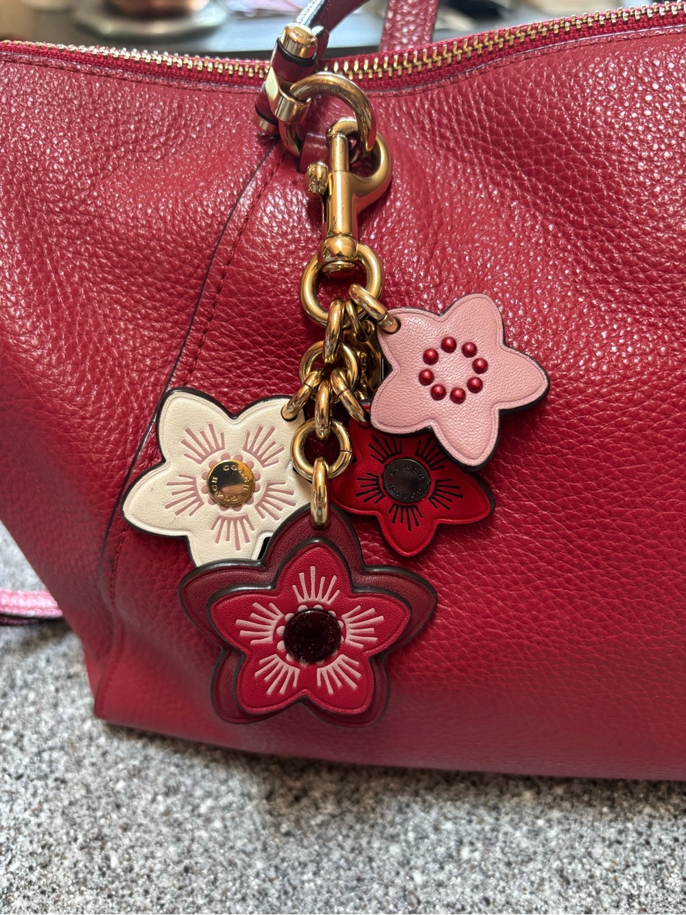 Coach Leather Flower Charm Keychain in Red, Pink & White-RARE - Picture 3 of 3